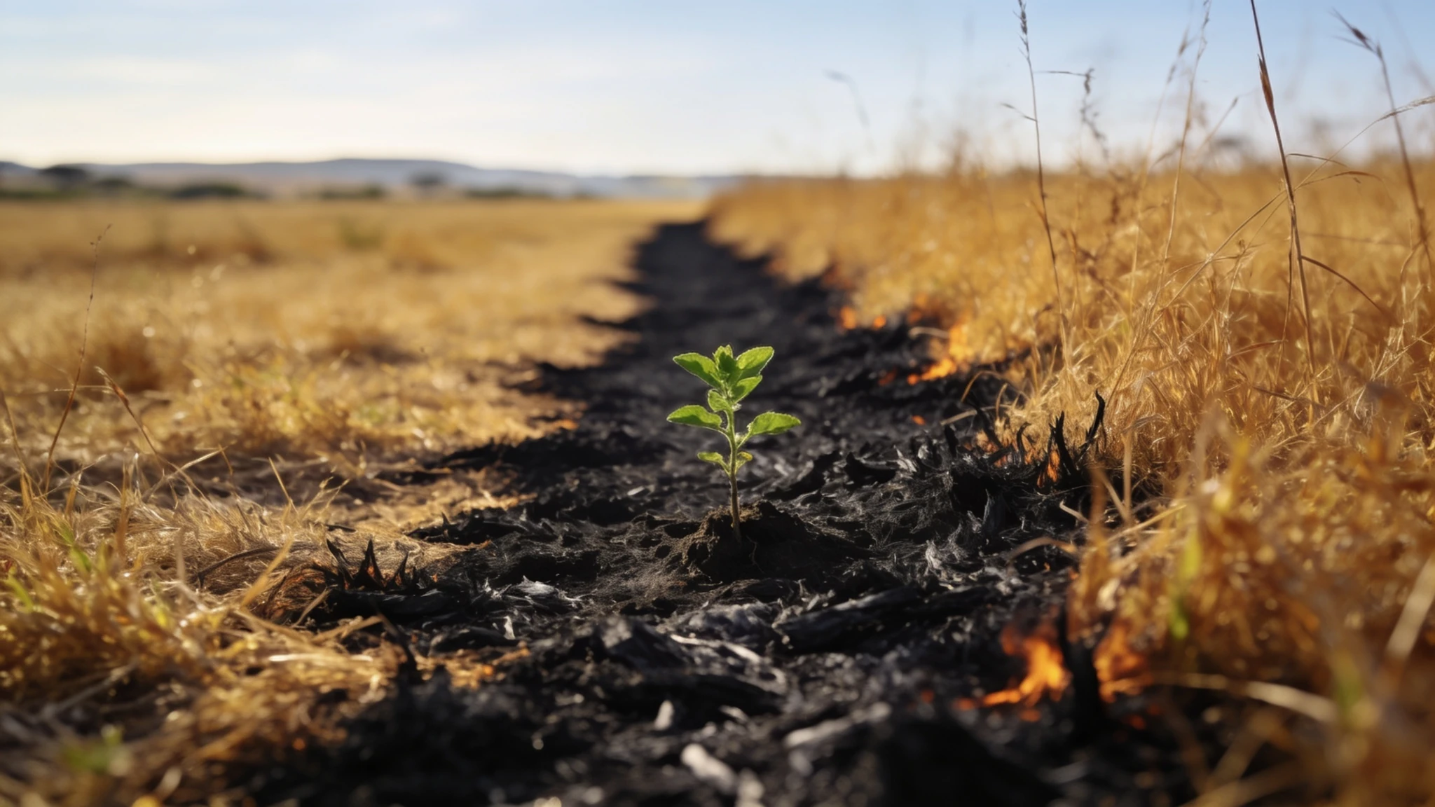 A burnt firebreak strip cut across dry Highveld veld in late winter, with the first green of spring showing at its edge.