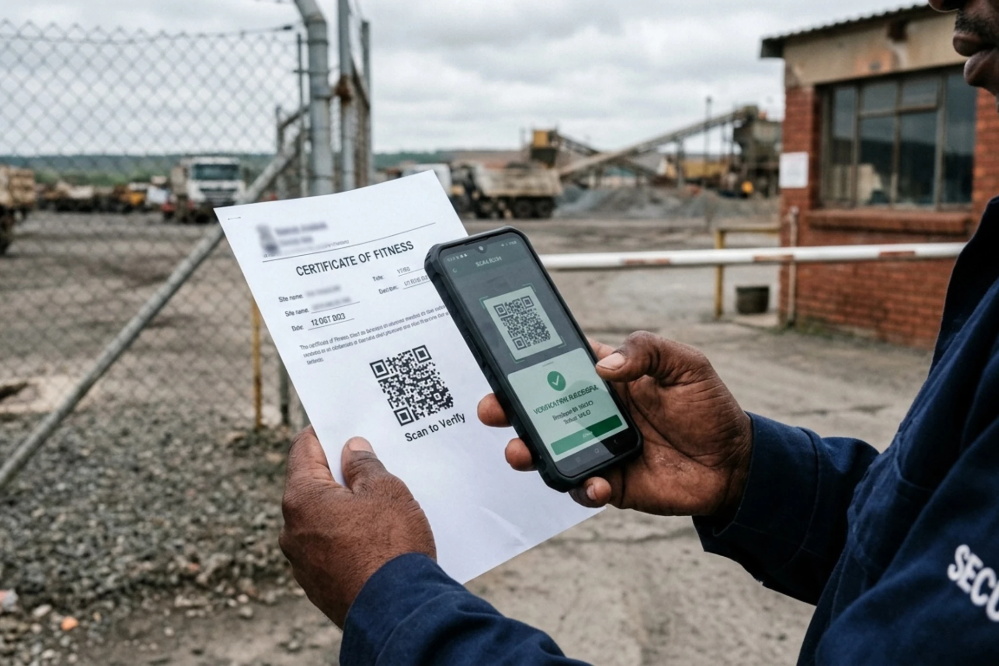 A site security officer scanning the QR code on a Care Net Certificate of Fitness with a phone at a site gate.