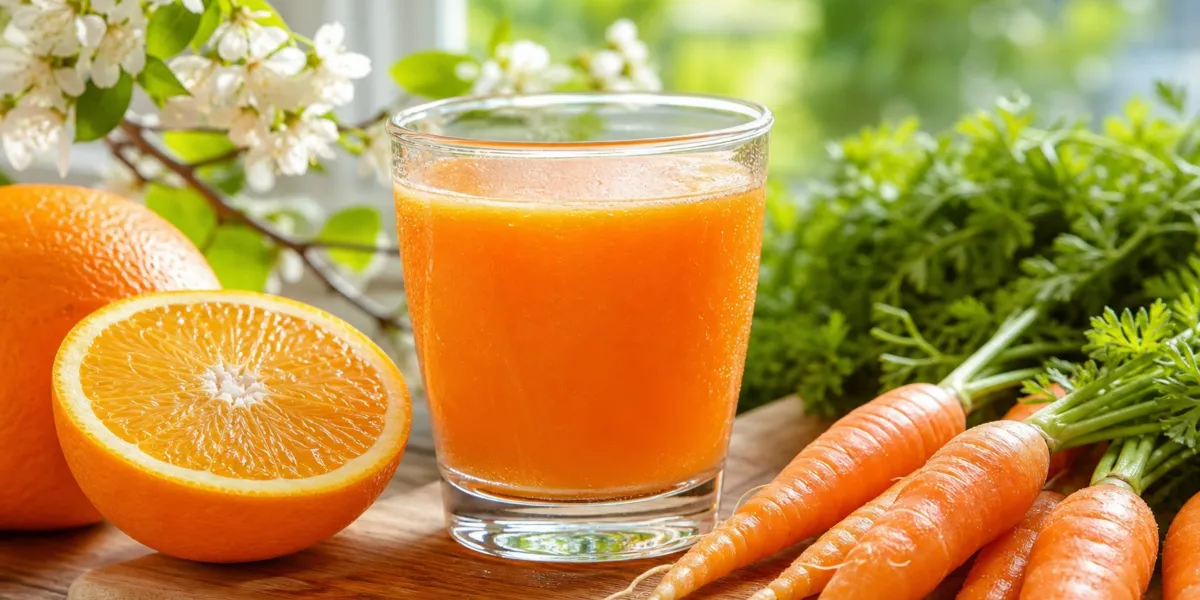 A tall glass of the Care Net Spring Health Cocktail, orange and carrot juice with ginger, turmeric, lemon and mint, beside the fresh ingredients