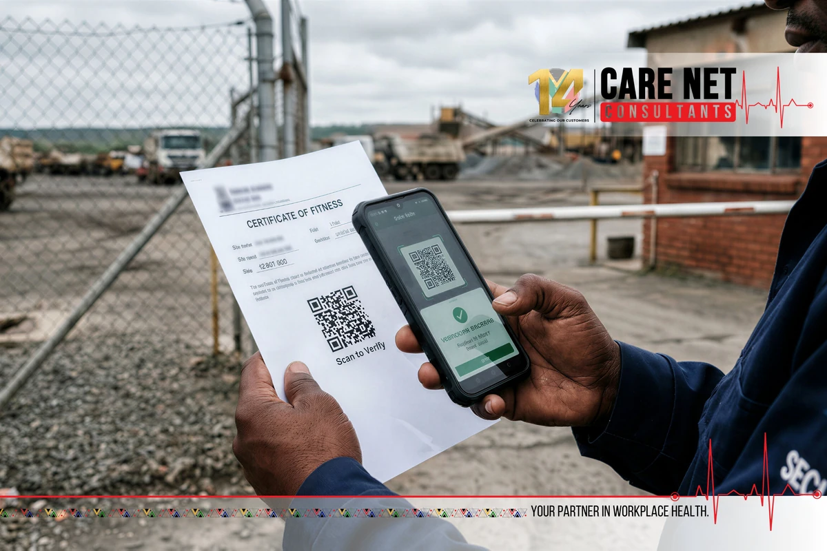 A site worker at a gate holding a printed Certificate of Fitness while a phone scans its QR code and shows a verified result.