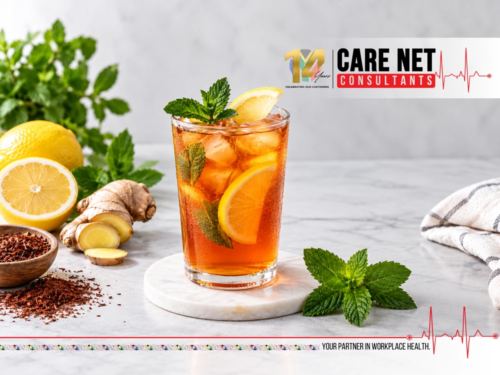 A tall glass of iced rooibos with lemon slices and fresh mint, with fresh ginger, lemons and loose rooibos on the table beside it.
